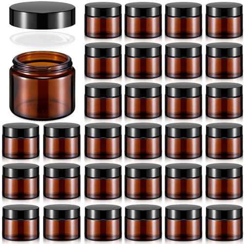 Domensi 2 oz Glass Jars with Lids, 32 Pcs Small Glass Jars with Lids Round Leakproof Airtight Empty Cosmetic Travel Containers with Inner Liners Lid for Makeup Lotions Cream Ointments Candle (Amber)