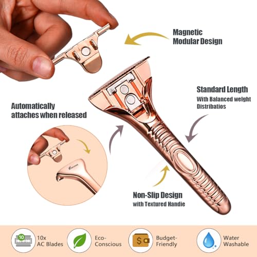 Single Blade Razors for Men and Women, Reusable Modular Safety Razor with Magnetic Head and Metal Non-Slip Grip, 10 Single Edge Razor Blades & Leather Case,Rose Gold Roller