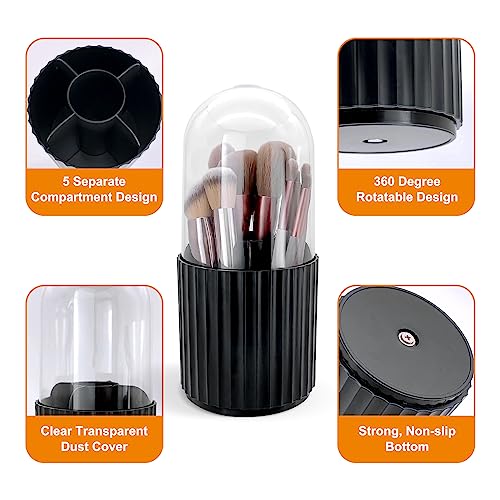 Makeup Brush Holder Organizer with Lid 360 Rotating Dustproof Storage Organizer, 5-Slot Makeup Brush Cup, Multifunctional Pen Holder for Makeup Brush Mascara or Eyeliner(Black)