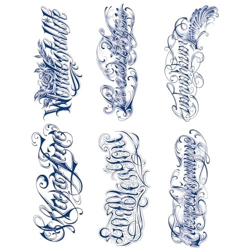 Semi-permanent Letter Temporary Tattoos, 6-Sheet 2 Weeks Long Last Waterproof Eglish Words Tattoos,Plant-Based Ink Tattoos Sticker