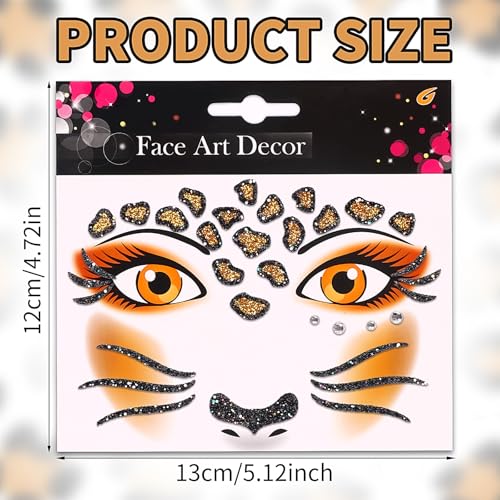 Glitter Leopard Face Jewels Halloween Temporary Tattoo Stickers Animals Face Gems Jewels Self-Adhesive Halloween Dress Up Sticker for Festival Holiday Party Accessories 2PCS