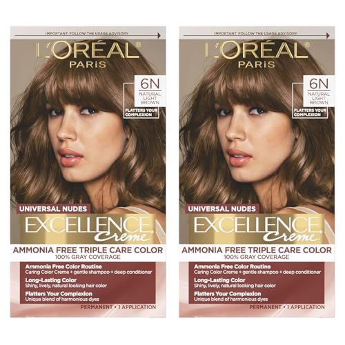 L¡¯Oreal Paris Excellence Universal Nudes Permanent Hair Color, Ammonia Free Hair Dye for Gray Hair Coverage, 6N Natural Light Brown, 1 Kit (Pack of 2)