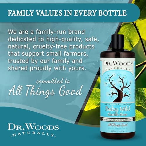 Dr. Woods Unscented Baby Mild Liquid Castile Soap - Gentle Cleanser with Organic Shea Butter, Natural Soap for Sensitive Skin - Paraben, Sulfate, and Phthalate Free - 32 Fl Oz