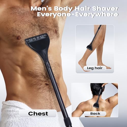 Back Shaver for Men - Retractable Long Handle Back Hair and Body Shavers,Replaceable Multi-Layer Double Blades£¨8PCS£©, Ergonomic DIY Wet or Dry Shaving Solution,Black