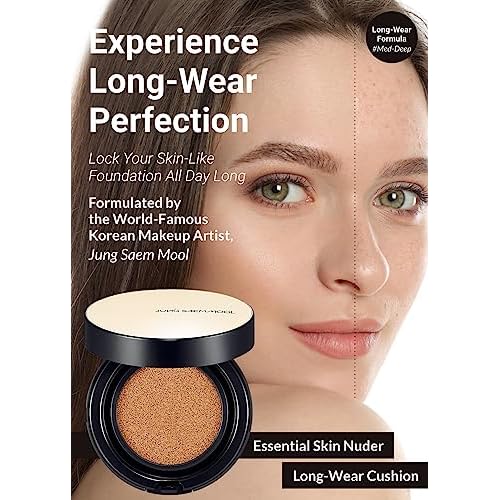 JUNG SAEM MOOL Essential Skin Nuder Longwear Cushion 0.98 Fl Oz, Refill Included, 24H Lasting Cushion Foundation with High Coverage, Semi-Matte Natural Finish, Korean Foundation Makeup (Medium Deep)