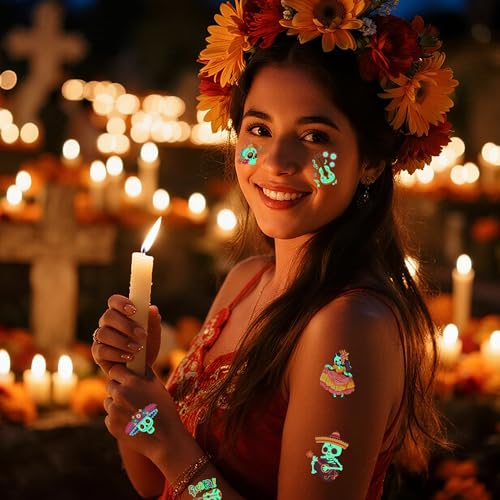 Day of the Dead Face Tattoos, Day of the Dead Decorations Party Favors Glow, Dia De Los Muertos Sugar Skull Temporary Tattoos for Kids, Day of the Dead Crafts Decor