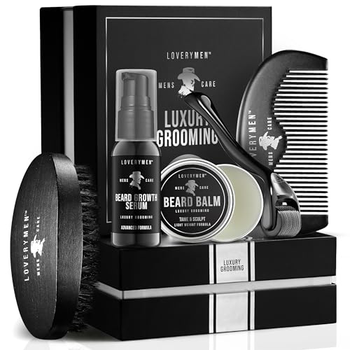 LOVERY Beard Growth Kit - Gifts for Men - Self Care Kit with Beard Serum, Beard Balm, Comb, Beard Brush & More ? Mens Gifts for Him, Boyfriend, Husband, Dad - Enhanced Beard Kit - Birthday Gifts