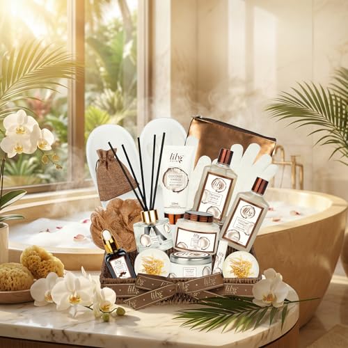 Bath and Body Gift Basket Set for Women - Coconut Vanilla Gift, Spa Gift Basket 17-Piece Bath Gift Set Self Care Gift for Mothers Day, Fathers Day, Birthday, Christmas Gifts, Valentines Day Gifts