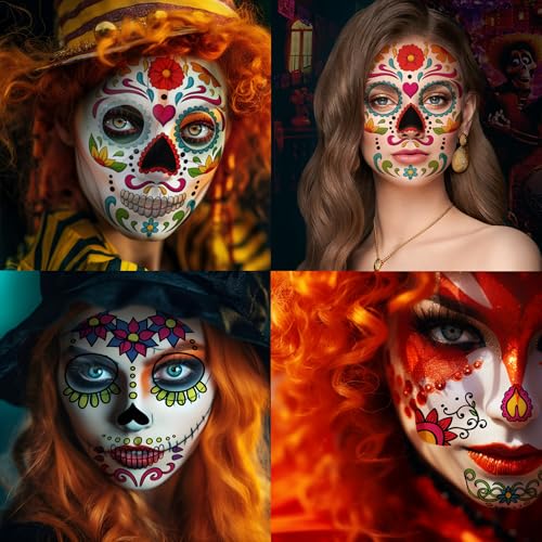 9-Pack Day of the Died Skeleton Face Temporary Tattoo Stickers ? Perfect for Halloween, D?a de los Muertos, and Cosplay for Adults and Kids