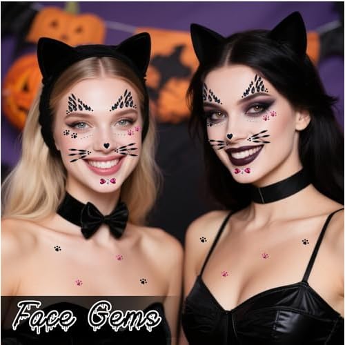 Voiiake Crystal Cat Face Gems Stickers, 2-Sheet Cat Print Gem Jewels, Black Cat Costume Women Accessories for Halloween Makeup