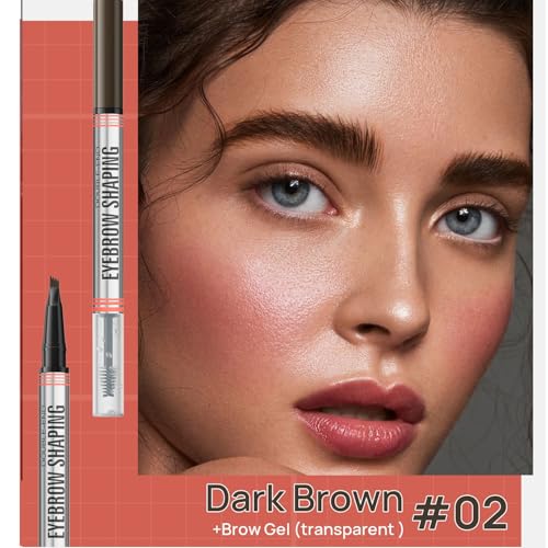 2-in-1 Microblading Eyebrow Pen with 4-Fork Tip Brow Pen + Clear Shaping Brow Gel, Long-Lasting Waterproof Smudge-Proof Eyebrow Pen, Natural-Looking, Dual-Action for Precise Shaping (02# Dark Brown)