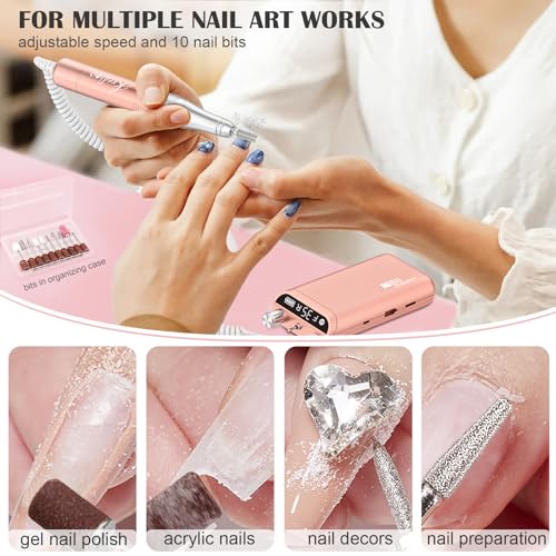 Kredioo Nail Drill, Nail Drills for Professional Acrylic Nails 35000RPM Electric File Machine Rechargeable Portable with 10 Bits Remove Gel Polish Salon Quality Manicure-Gold