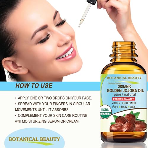 Botanical Beauty Organic JOJOBA OIL 100% Pure Natural VIRGIN UNREFINED Cold-Pressed Carrier Oil 1 Fl oz 30 ml for Face, Skin, Body, Hair, Lip, Nails. Rich in Vitamin E, Omega 6, Omega 9