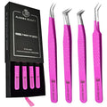 Alishba Beauty Eyelash Extension Tweezers, Precision Fiber Tip Grip Japanese Stainless Steel Profiessional (Set of 4 Eyelash Tweezer) (HOT PINK)