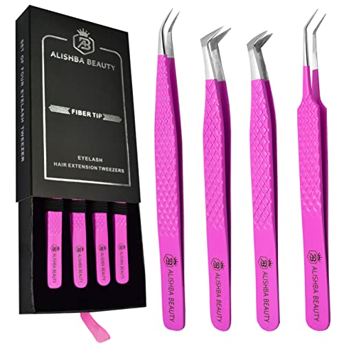 Alishba Beauty Eyelash Extension Tweezers, Precision Fiber Tip Grip Japanese Stainless Steel Profiessional (Set of 4 Eyelash Tweezer) (HOT PINK)
