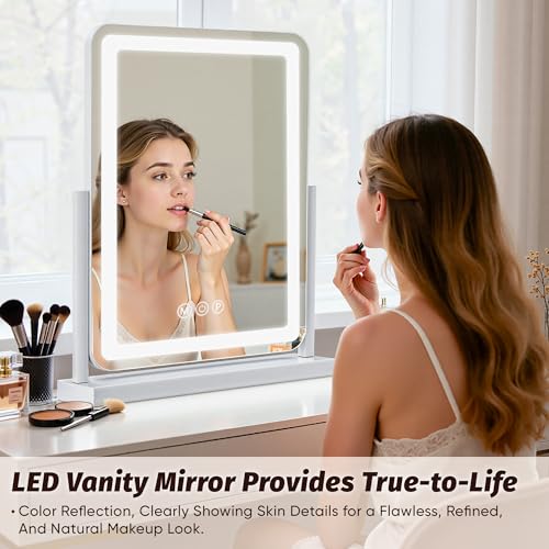 Vanity Mirror with Lights, 18"x14" Hollywood Lighted Makeup Mirror for Tabletop & Bedroom 3 Color Lighting Modes Smart Touch Control 360¡Æ Rotation Detachable