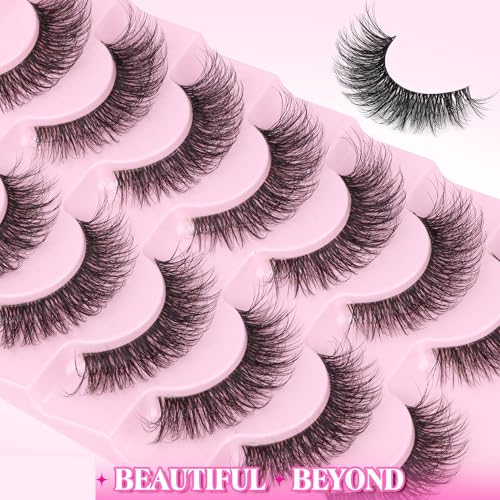 Mink Lashes Wispy False Eyelashes Clear Band Fake Strip Lashes Natural Look 18 mm Cat Eye Eyelashes Pack Pesta?as Postizas Naturales Soft 3D Lashes, 7 Pairs