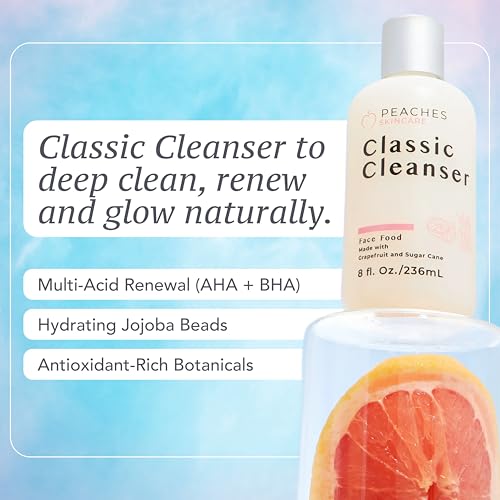 Peaches Skincare Hydrating Facial Cleanser ? Vegan Face Wash with Grapefruit, Sugar Cane, and Gotu Kola ? Lightly Exfoliating Daily Formula for All Skin Types ? Classic Cleanser ? 8 oz