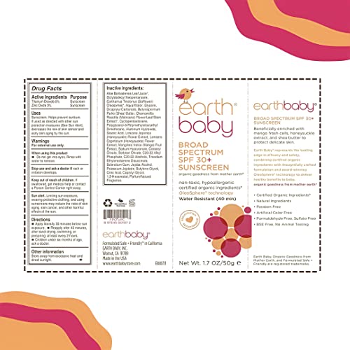 Earth Baby Broad Spectrum SPF 30+ Sunscreen, Reef Safe, Water-Resistant, UVA/UVB Protection, Hypoallergenic for Sensitive Skin, Natural and Organic, For Babies Toddlers and Kids, , 1.7 Fl Oz
