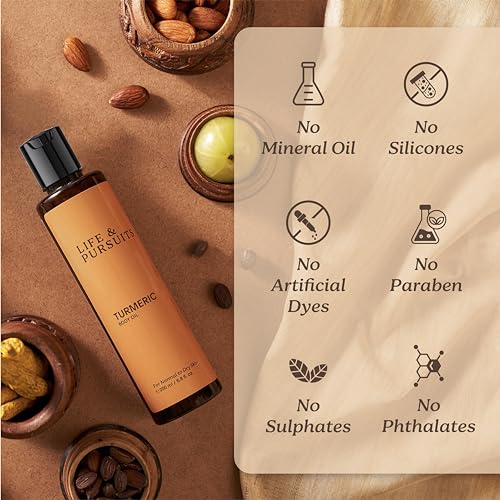 Life & Pursuits Turmeric Body Oil - Ayurvedic Natural Body Massage Oil with Vitamin E, Coconut Oil, Almond & Squalane| Reduces Dark Spots, Brightens Skin (6.8 Fl Oz (1Pack))