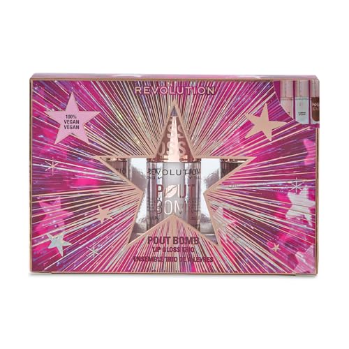 Revolution Pout Bomb Plumping Lip Gloss Trio Gift Set, 3 Full-Size Glosses with Hyaluronic Acid & Peptides, Vegan & Cruelty-Free