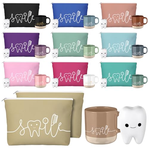 30 Pcs Dental Assistant Week Gifts Bulk Ceramic Coffee Mugs Cosmetic Teeth Makeup Bags Teeth Stress Toy Dentist Dental Hygienist Thank You Gift for Orthodontic Staff Office Team Dentist Day