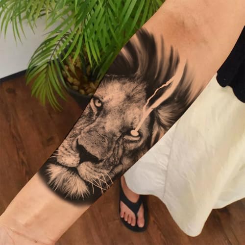 2 Sheets Realistic Animal Large Temporary Tattoos Stickers Sketch Lifelike Lion Head Designs For Men Waterproof Arm Leg Fake Body Art, Gym & Parties Bold Masculine Decals
