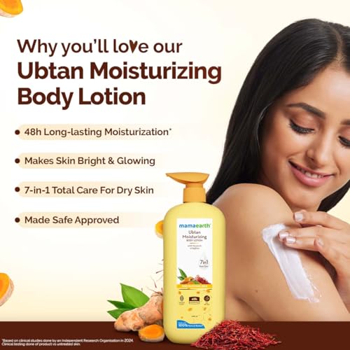 MAMAEARTH Ubtan Moisturizing Body Lotion with Turmeric & Saffron for Glowing Skin 400 ml | 48H Moisturization | Nourishes Dry Skin | 7in1 Total Care | 100% Natural Butter | Non-Greasy Smooth Skin