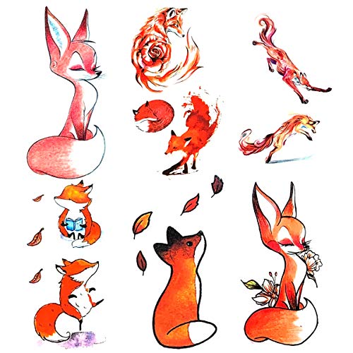 6 Sheets Small Cute Kids Women Wrist Hand Neck Orange Cartoon Flower Fox Temporary Tattoo Stickers for Grils Boys
