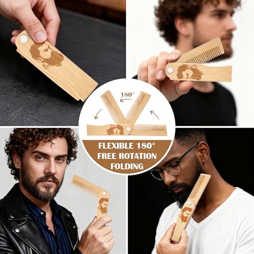 Folding Beard Comb for Men, Portable Bamboo Beard & Mustache Comb Hair Brush with Travel Pouch, Ideal Father¡¯s Day, Birthday, Christmas Gift Stocking Stuffers for Him