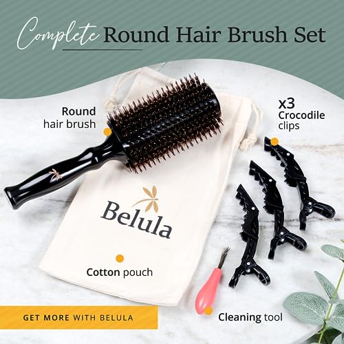 Boar Bristle Round Brush for Blow Out Set by Belula. Round Hair Brush For Blow Drying. Small 2” Wooden Barrel. Hairbrush Ideal to Add Volume and Body. Free 3 x Hair Clips & Travel Bag