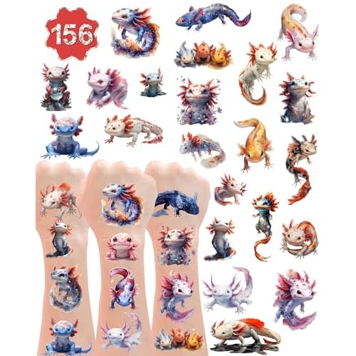 156Pcs Axolotl Temporary Tattoos - Cute Axolotl Tattoos Stickers for Axolotl Birthday Party Decorations Supplies, 20 Sheets