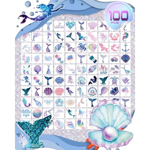SUNAI Mermaid Party Favors - 100 Style Pre-Cut Mermaid Temporary Tattoos(2x2 Inch) Perfect for Under The Sea Themed Birthday Party Decorations, Supplies, Goodie Bag Fillers