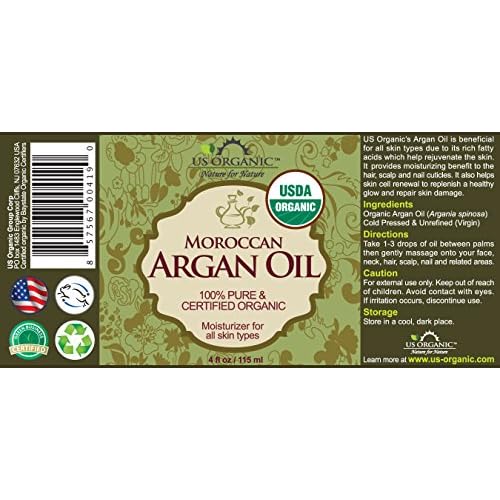 US Organic Moroccan Argan Oil, Cold-Pressed Virgin, USDA Certified, 100% Pure, Unrefined, for Hair, Skin, Nail & Cuticle Care, in Amber Glass Bottle, Sourced from Morocco (4 oz (Large))