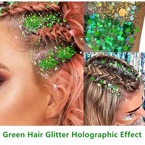 Go Ho Green Face Body Glitter,St Patricks Day Shamrock Hair Glitter Makeup,Self Adhesive Holographic Chunky Sequins Glitters,Irish Festival Four Leaf Clover Green Accessories