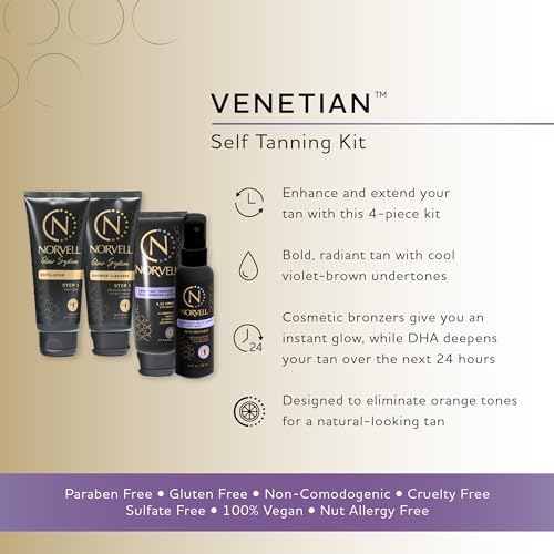 Norvell Venetian Self Tanner Maintenance Kit ? Enhance Your Tan with Sunless Exfoliator 2.5 oz, Facial Tanning Mist 2 oz, pH Balancing Cleanser & Gradual Tanner 2.5 oz