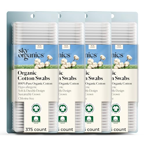 Sky Organics - Organic Cotton Swabs with Ultra Soft Tips - Strong & Durable - Hypoallergenic - Chlorine Free - Sustainable - Natural, Vegan & Cruelty Free - 1500 Count (Pack of 4)