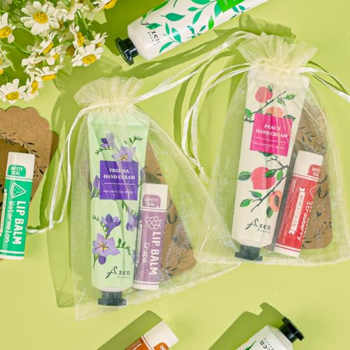 AZEN 120 Sets Bulk Gifts, Hand Cream and Lip Balm Bulk Set with Organza Bag Thank You Card, Baby Shower Wedding Gifts for Guests, Bridal Wedding Favors, Valentines Gifts for Women