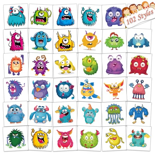 102 PCS Individually Wrapped Monster Temporary Tattoo for kids - Cute Little Monster Temporary for Girls Boy Body Arm Shoulder Cute Tattoos Stickers, Birthday Party Supplies Gifts for Kids