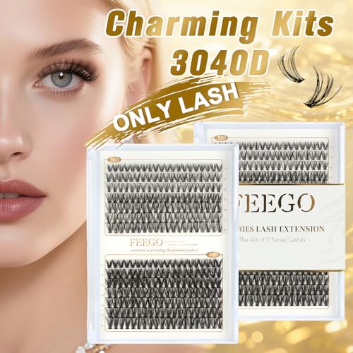 FEEGO Lash Extension Fluffy Eyelash Extensions Kit 30D+40D 9-16mm Eyelash 280pcs Thick Nude Single Lashes for Home DIY Invisible Extension Kit Waterproof Natural Look Reusable wispy volume set