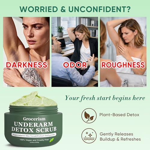 Armpit Detox Scrub & Underarm Exfoliator - Walnut Shell, Menthol & Aloe Vera Body Scrub for Odor, Deodorant Buildup, and Dark Spots - Moisturizing Formula for Sensitive Skin, Vegan 8.8 oz