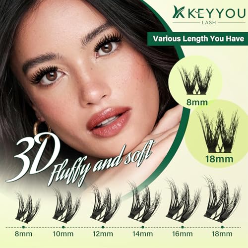 KEYYOU LASH Flora Lash Clusters Kit 3D DIY Lashes Extension Kit Eyelash Clusters 144pcs Thick Individual Lashes Fluffy and Soft Wispy Volume Lashes with Waterproof Lash Bond and Seal & Remover (F01)