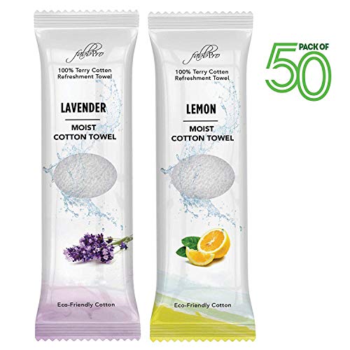 Oshibori Moist Terry Cotton Refreshment Towels (50 Pack, 8 x 8 Inches) - White Mildly Scented Pre-moistened Towel to Use Hot or Cold - Lemon & Lavender Scent Bundle of 25 each