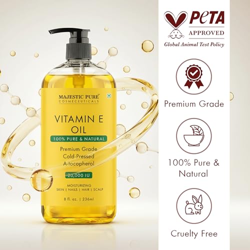 Majestic Pure Vitamin E Oil 8 Oz Vitamin E oil for Skin, Face Oil, Hair Oil and Body Oil- 100% Pure and Natural, 20,000 IU- Cold Pressed Hexane Free Non-GMO Gluten Free Formula (Pack of 2)