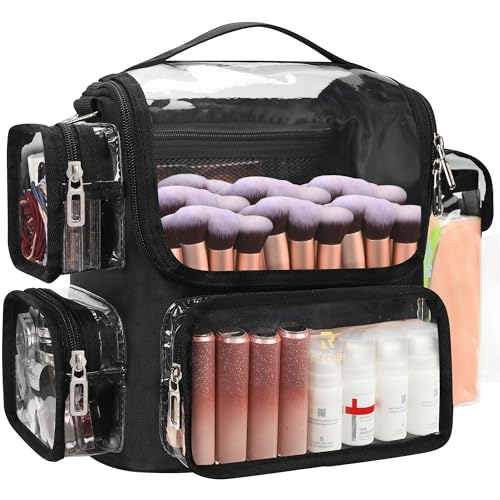 TANTO Makeup Brush Bag, Makeup Artist Bag Professional Cosmetic Bag Clear Makeup Bag Large Makeup Train Case Portable Storage Organizer Bag with Adjustable Divide&Shoulder Strap
