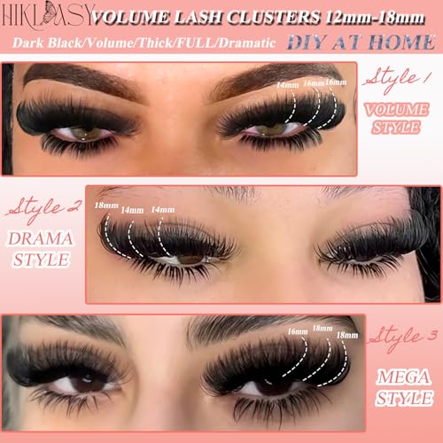 Lash Cluster 260D Full Volume Cluster Lashes Bold 12-18mm Mega Lash Clusters Supplies Wispy D Curve False Eyelashes Clusters Reusable DIY Salon Look Eye Lash Clusters Extension By Hiklasy