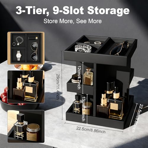 Cologne Organizer for Men, 3-Tier Perfume Stand with 360¡Æ Rotation, Large Capacity Wood Cologne Shelf for Desk, Nightstand Organizer, Dresser, Birthday Christmas Gifts for Men (Black)