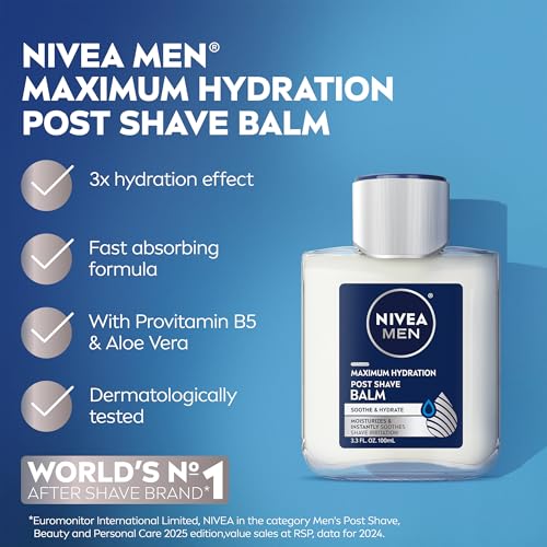 NIVEA MEN Maximum Hydration Post Shave Balm, With Provitamin B5 and Aloe Vera, Proves 3X Hydration Effect, 3.3 Fl Oz Bottle, Pack of 3