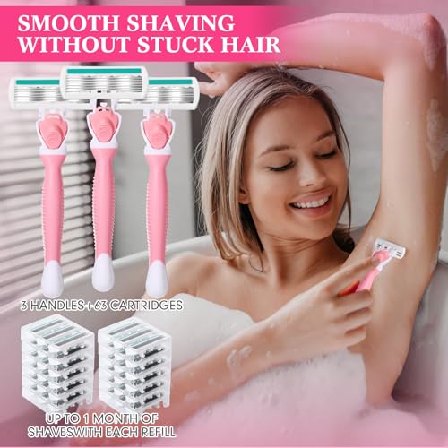 Lasnten 66 Pcs Razors for Women Bulk Sensitive Skin Razor Women's Disposable Shavers Include 3 Non-slip Handles and 63 Blade Refills