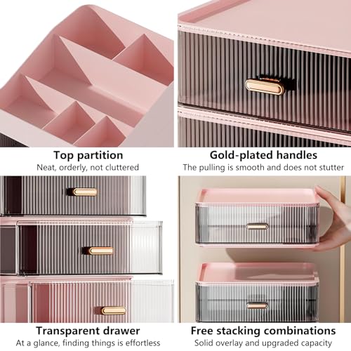 DASITON 6 Slots Makeup Brush Holder,Makeup Organizer,Makeup Brush Holder with 2 Drawers,Divided Makeup and Makeup Storage Holder,for Cosmetics(Pink-F1)
